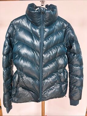 Athleta Teal Shiny Chevron Quilted Puff Jacket